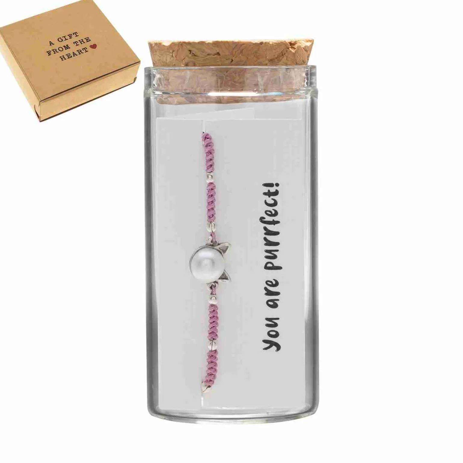 Gift box, armband in flesje, parel met kattenoortjes en roze stof