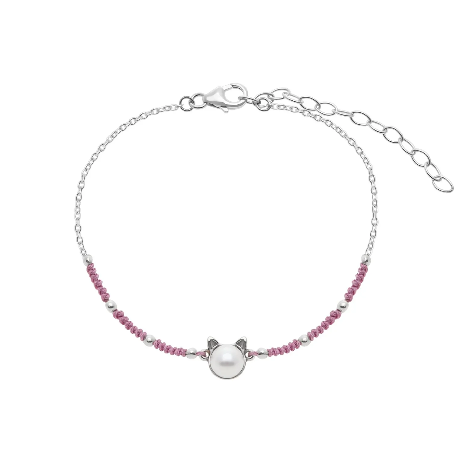 Gift box, armband in flesje, parel met kattenoortjes en roze stof