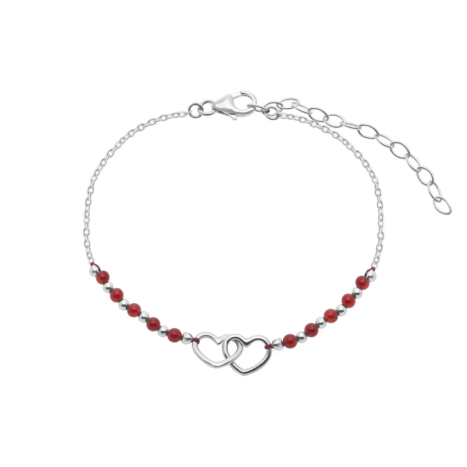 Gift box, armband in flesje, verbonden harten met rode kralen
