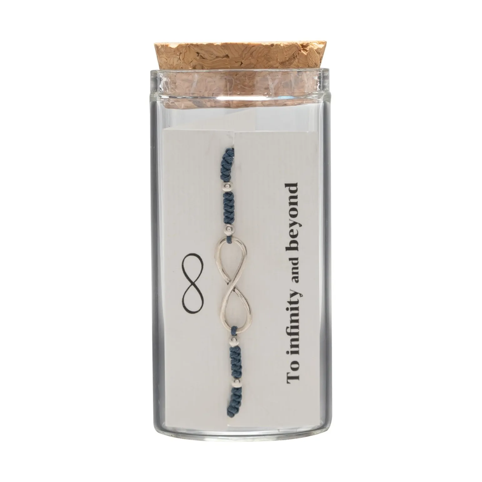 Gift box, armband in flesje, infinity teken met blauwe stof