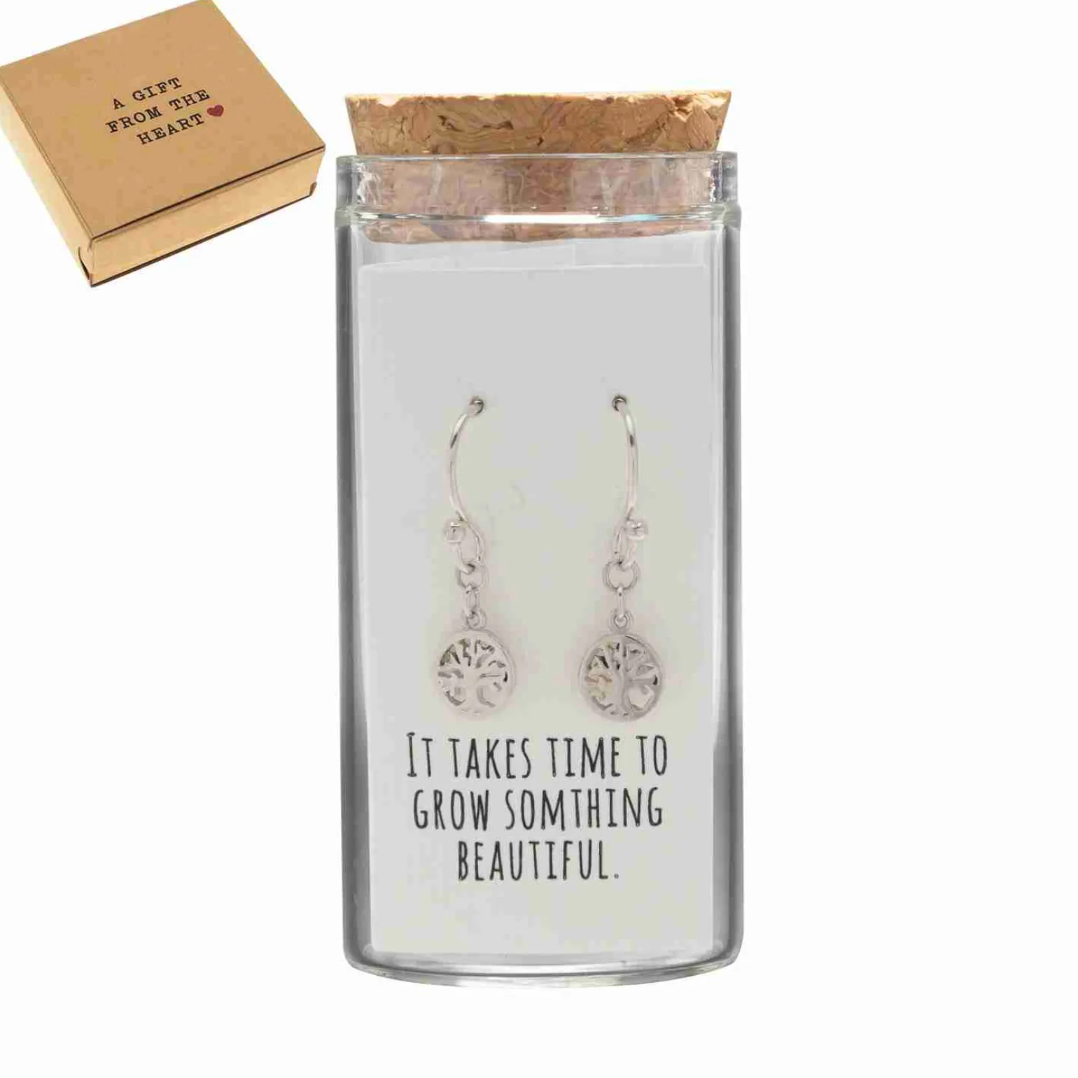 Gift box, oorhangers in flesje, cirkel met tree of life