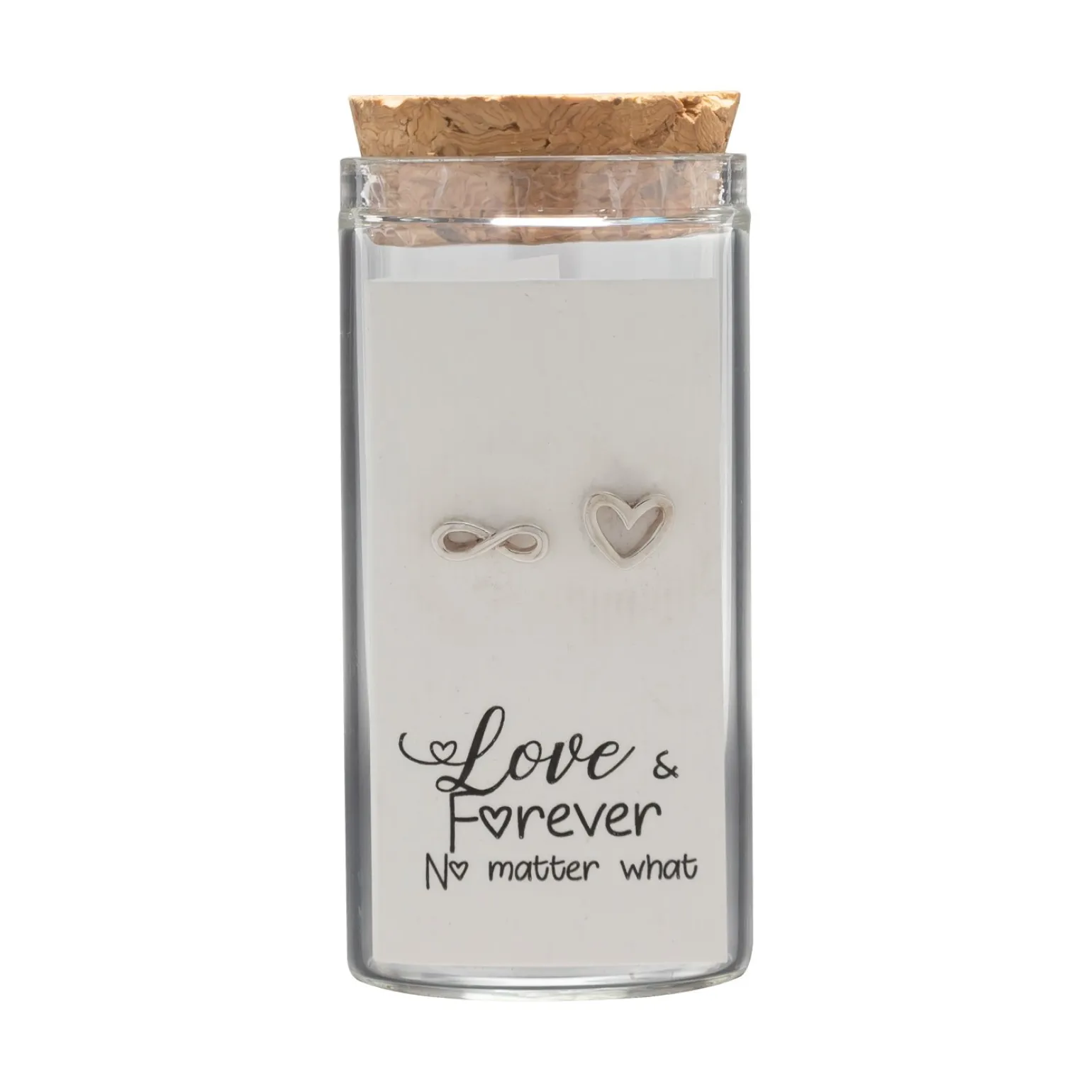 Gift box, oorstekers in flesje, hart en infinity teken