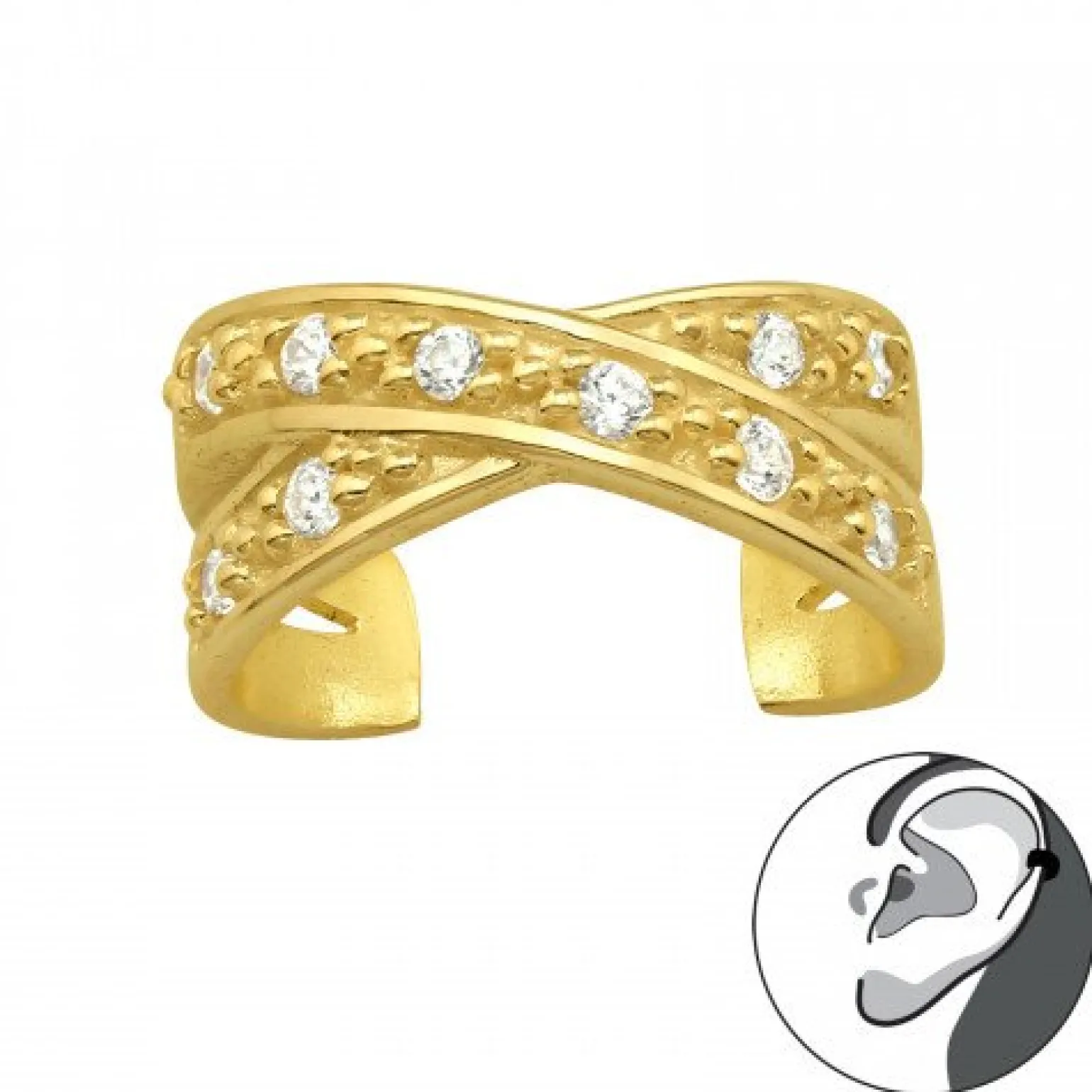 Gold plated ear cuff, gekruist met kristallen
