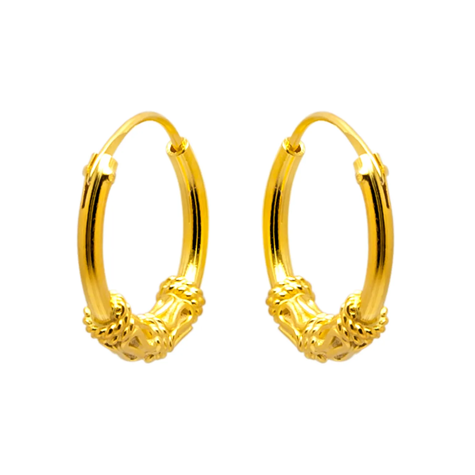 Gold plated oorringen, Bali hoops, getwijnd en slingertjes