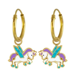 Gold plated oorringen, eenhoorn met blauwe vleugels
