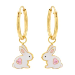 Gold plated oorringen met hanger, konijn met hartje en kristal