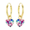Gold plated oorringen met hanger, hart met gekleurde kristallen