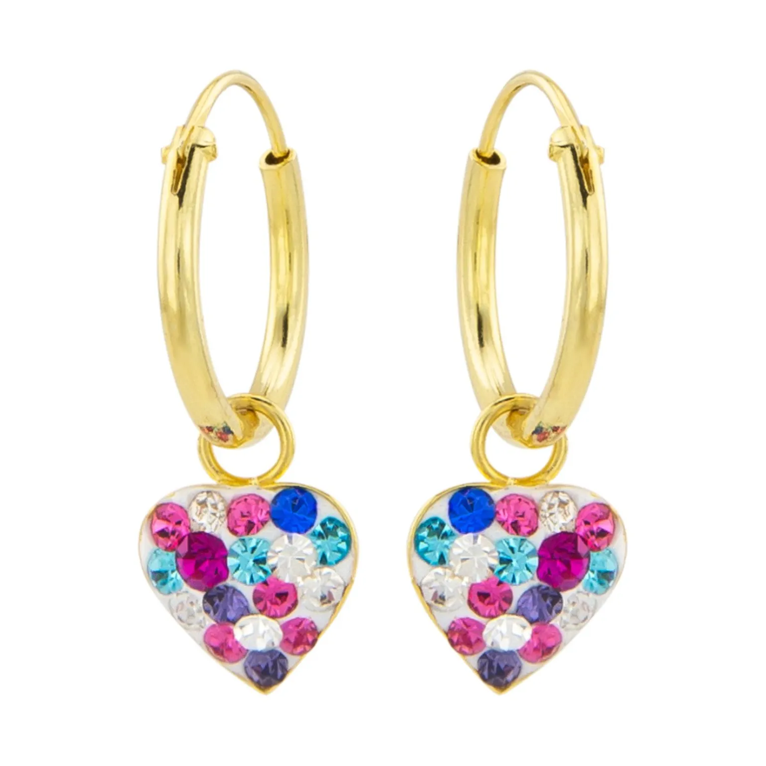 Gold plated oorringen met hanger, hart met gekleurde kristallen