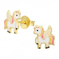 Gold plated oorstekers, eenhoorn met vleugels en gekleurde manen