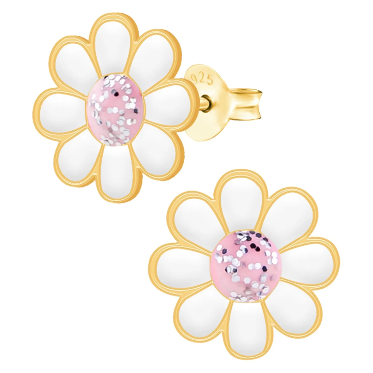 Gold plated oorstekers, madeliefje met roze hart met glitters