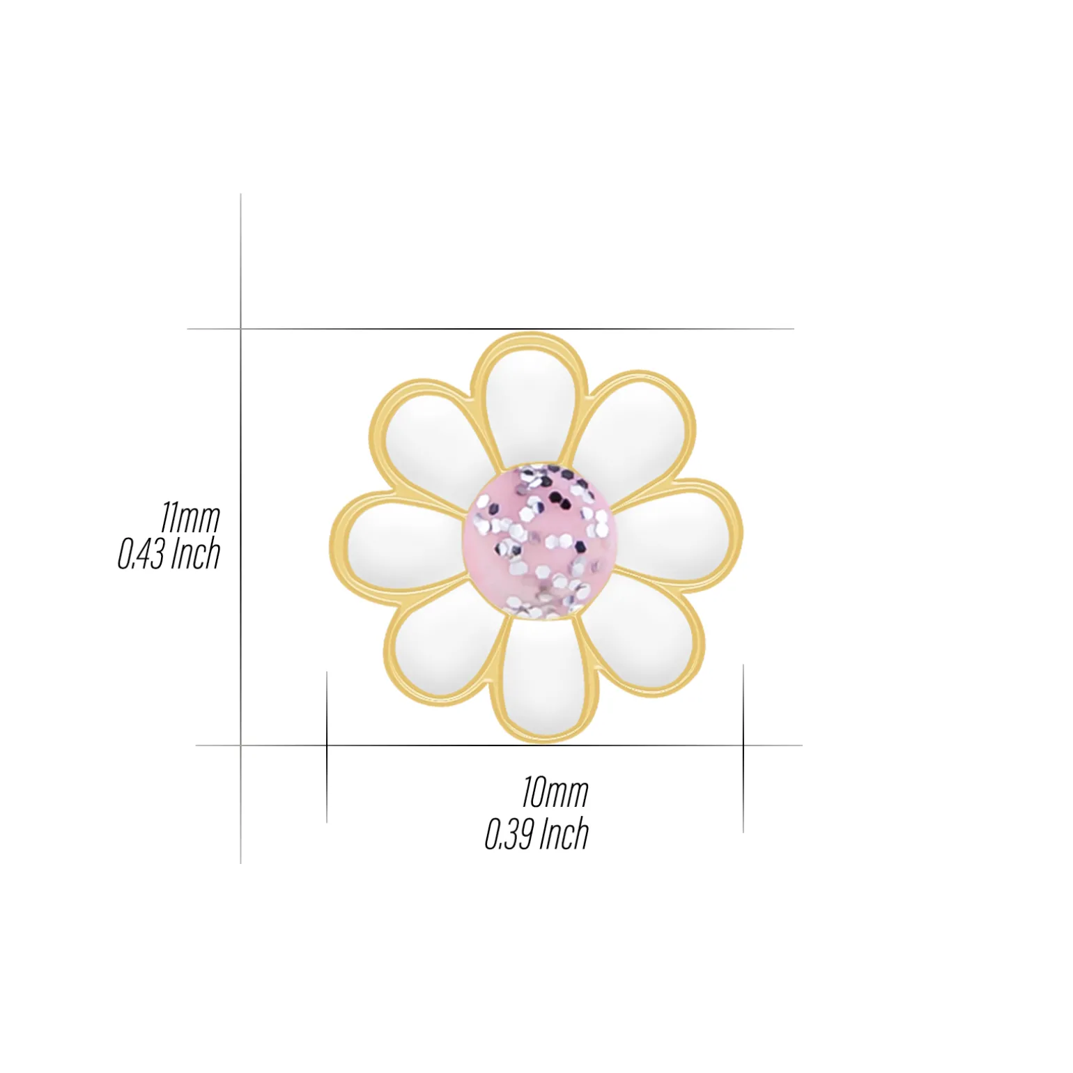 Gold plated oorstekers, madeliefje met roze hart met glitters