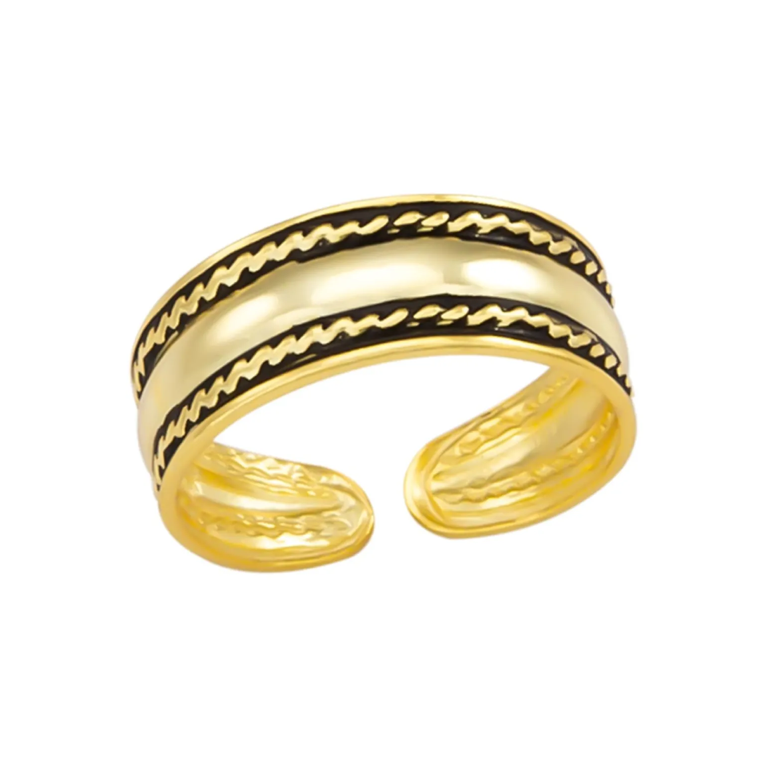 Gold plated teenring, brede band met geoxideerde details