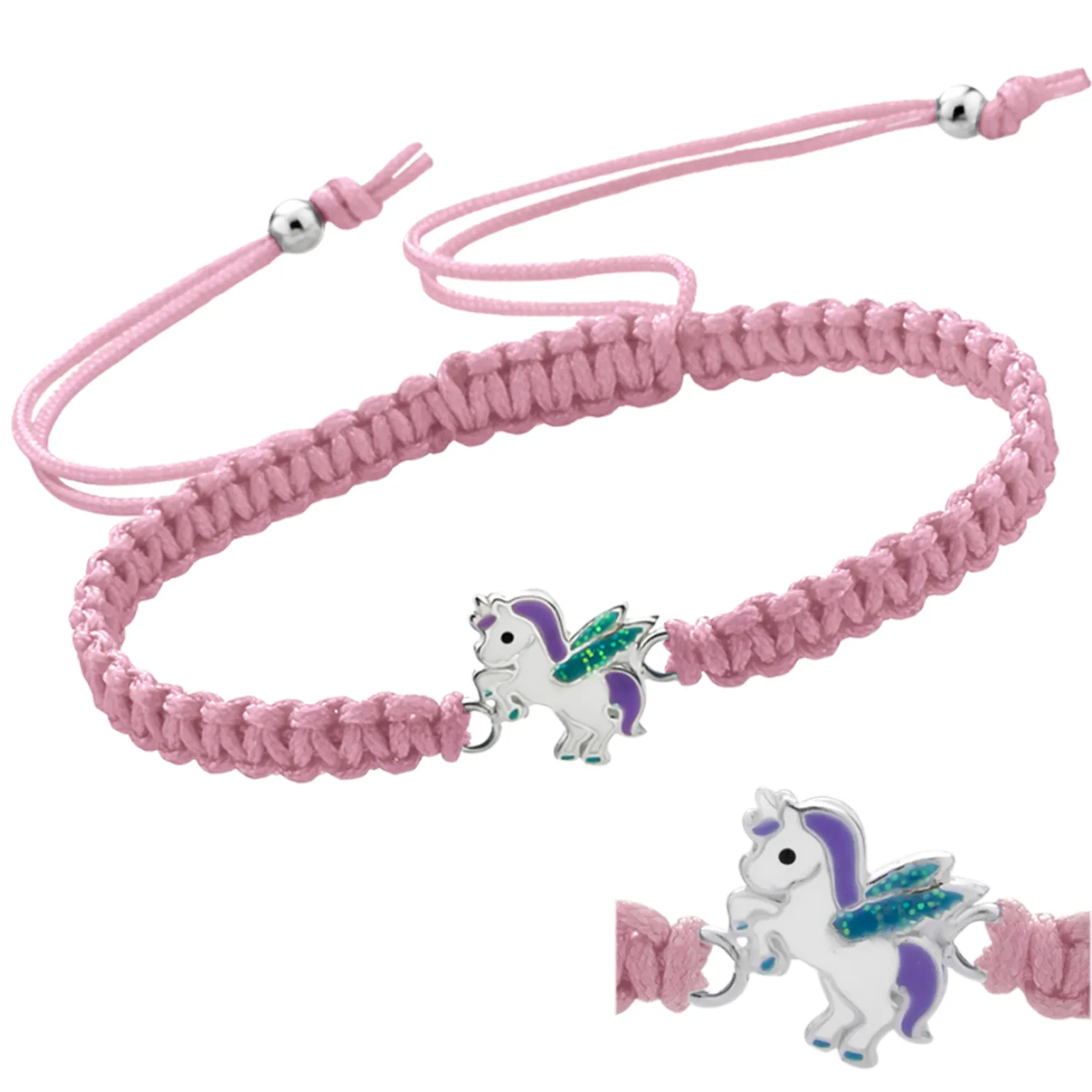 Katoenen armband, zilveren gevleugelde eenhoorn