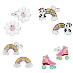 Kinderoorbellen, set van vier oorstekers regenboog, rolschaats en madeliefjes