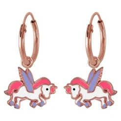 Rose gold plated oorringen met gekleurde eenhoorn
