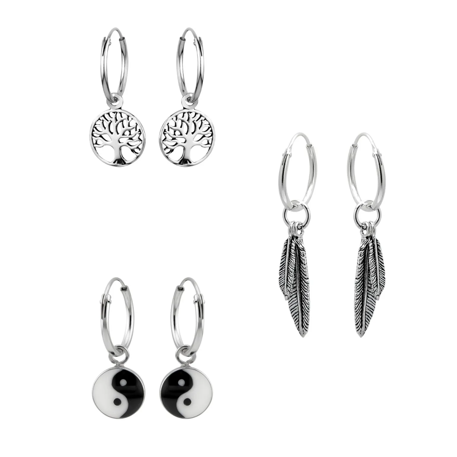 Set van zilveren oorbellen, oorringen met hanger van tree of life, veer en yin en yang