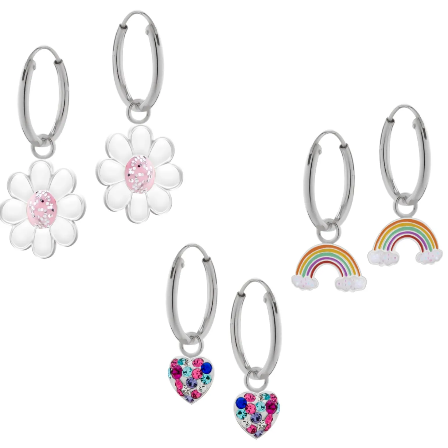 Set van zilveren oorringen met hanger, madeliefje, regenboog en hart met kristallen