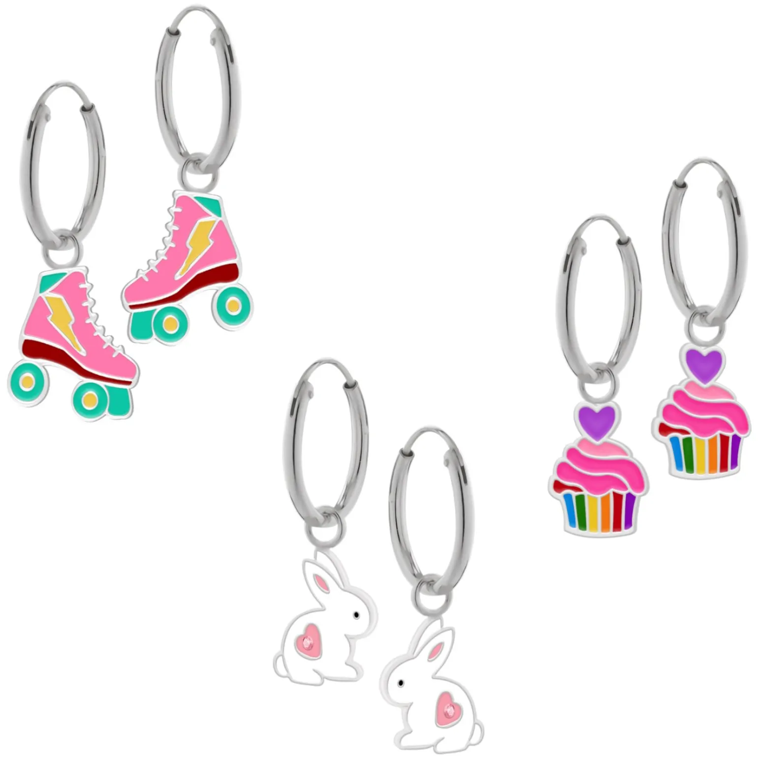 Set van zilveren oorringen met hanger, rolschaats, cupcake en konijn met kristal