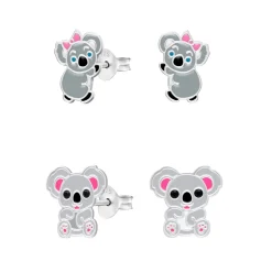 Set van zilveren oorstekers, koala met roze strikje en koala met onyx ogen