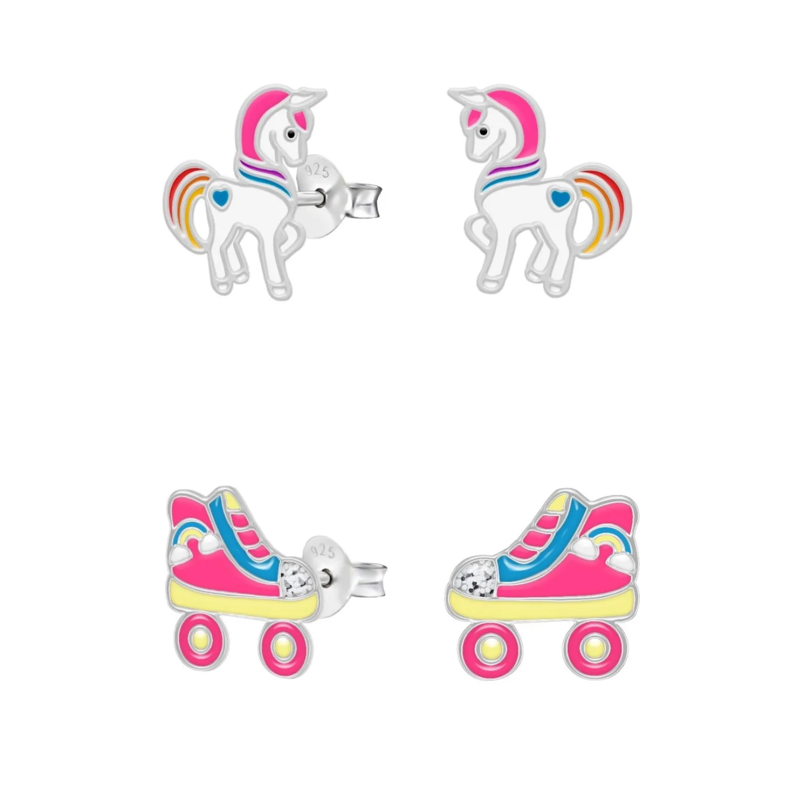 Set van zilveren oorstekers, eenhoorn met regenboog manen en rolschaats met regenboog