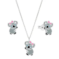 Set van zilveren oorstekers en ketting, koala beertje met roze strikje