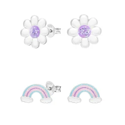Set van zilveren oorstekers, madeliefje met paars hart met glitter en regenboog in pastel kleuren met glitter