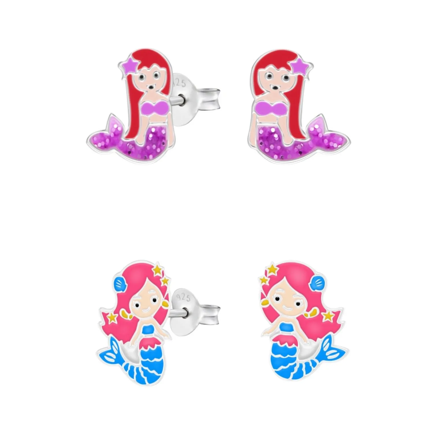 Set van zilveren oorstekers, zeemeermin met paarse staart en ster en zeemeermin met roze haar en blauwe staart