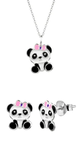 Set zilveren ketting en oorstekers, panda met roze strikje