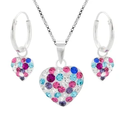 Sieraden set, zilveren ketting en oorringen hart met kristallen