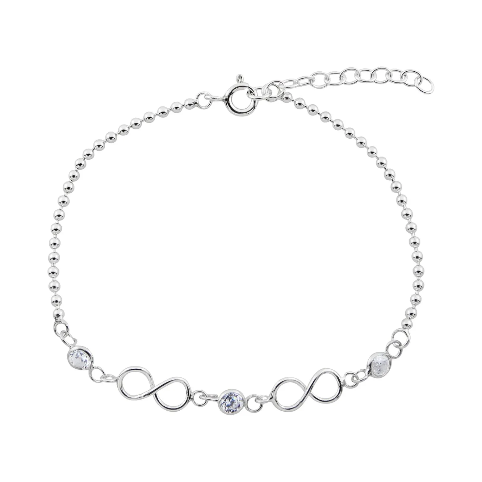 Zilveren armband met bolletjes, infinity teken en kristallen