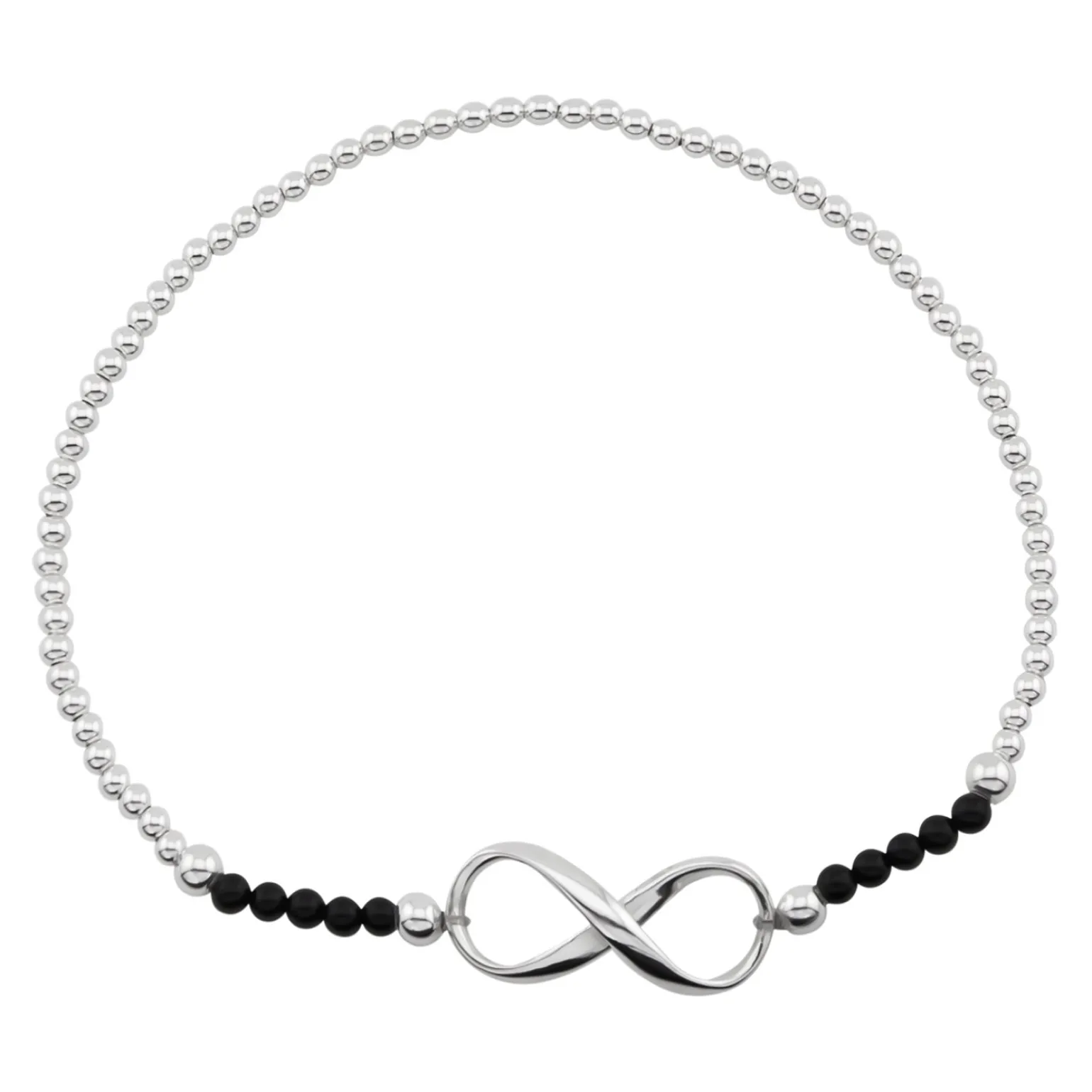 Zilveren armband van elastiek met zilveren en zwarte bolletjes en infinity teken