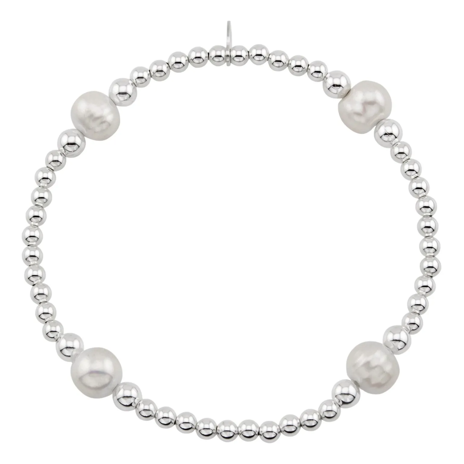 Zilveren armband van elastiek met zilveren bolletjes en parels