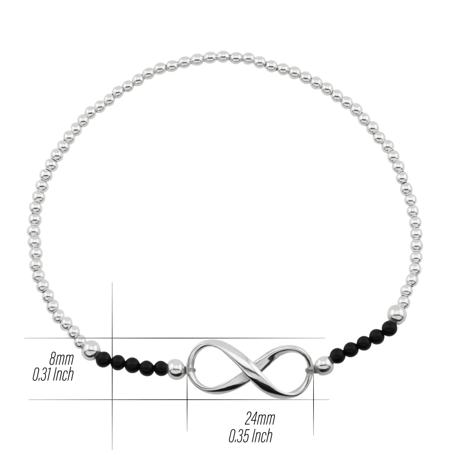 Zilveren armband van elastiek met zilveren en zwarte bolletjes en infinity teken