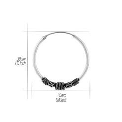 Zilveren Bali hoops, 30 mm, met geoxideerde gedraaide banden