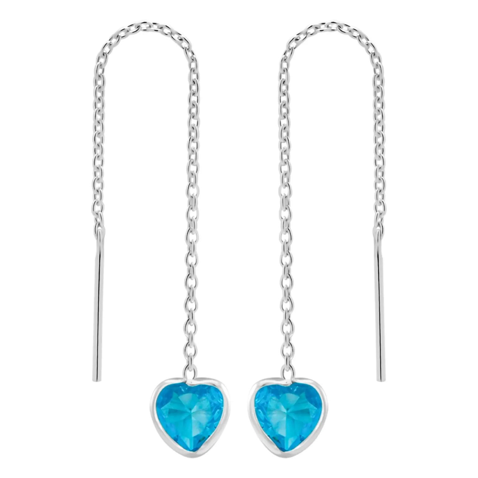 Zilveren chain oorbellen, blauw hart