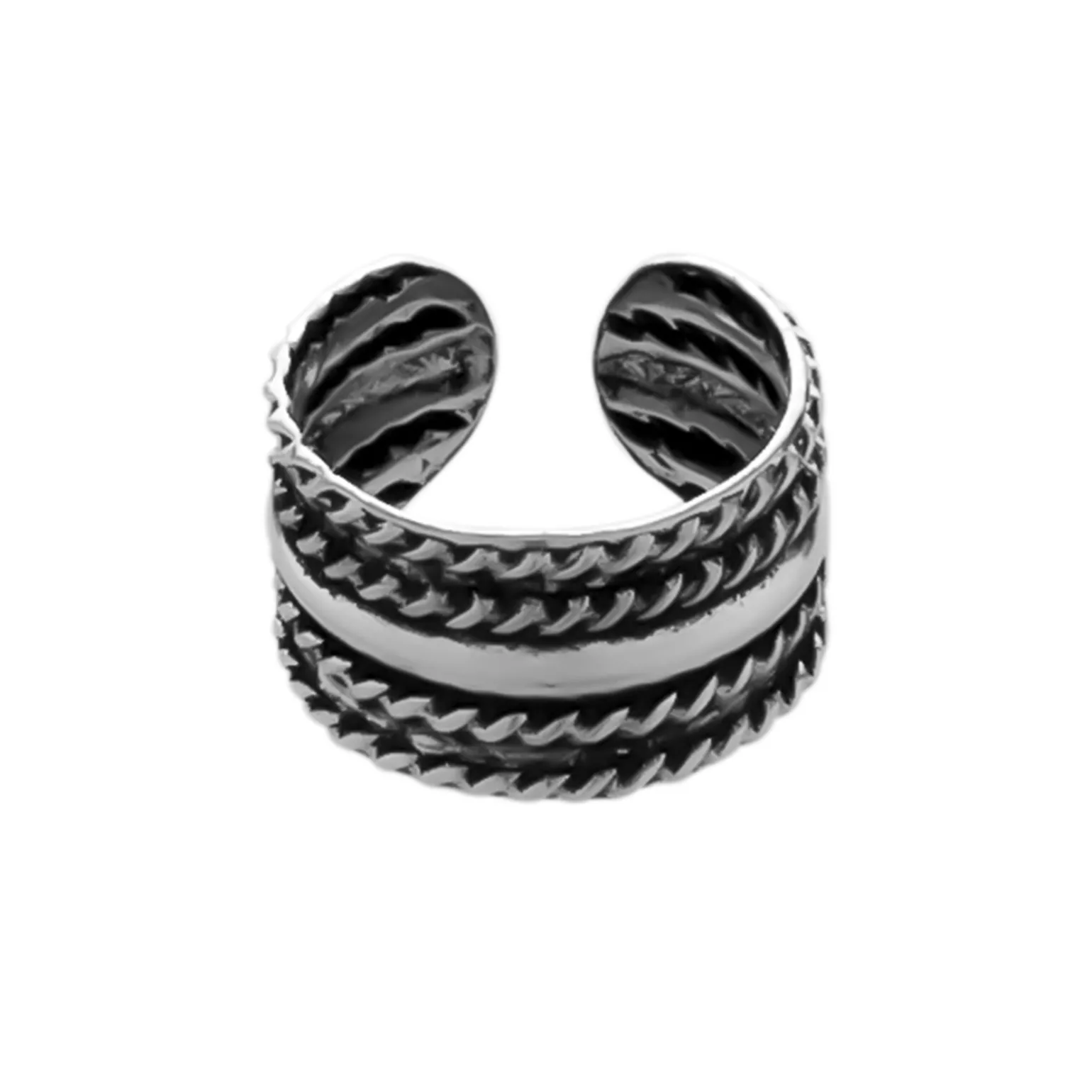 Zilveren ear cuff, gedraaide banden en gladde band