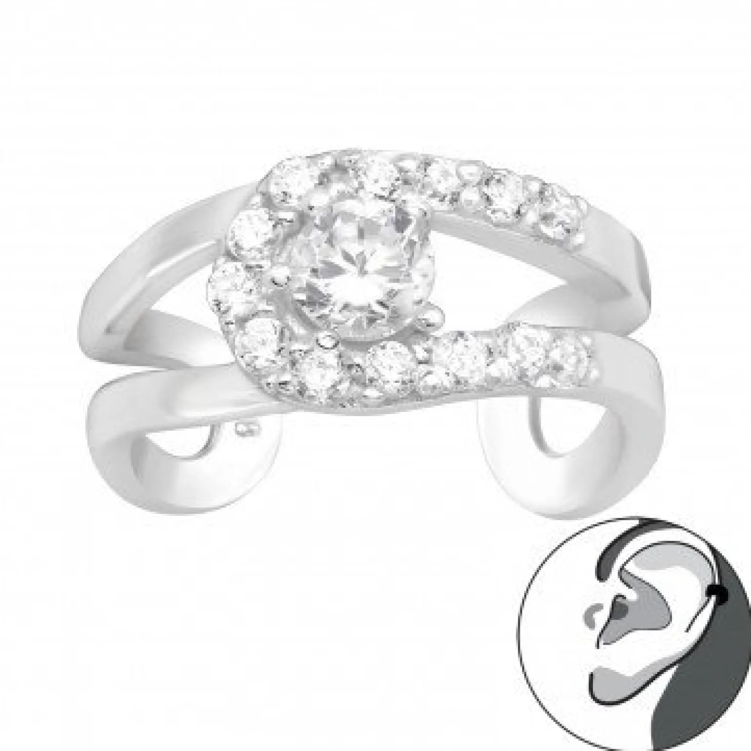 Zilveren ear cuff, in elkaar gevlochten met kristallen