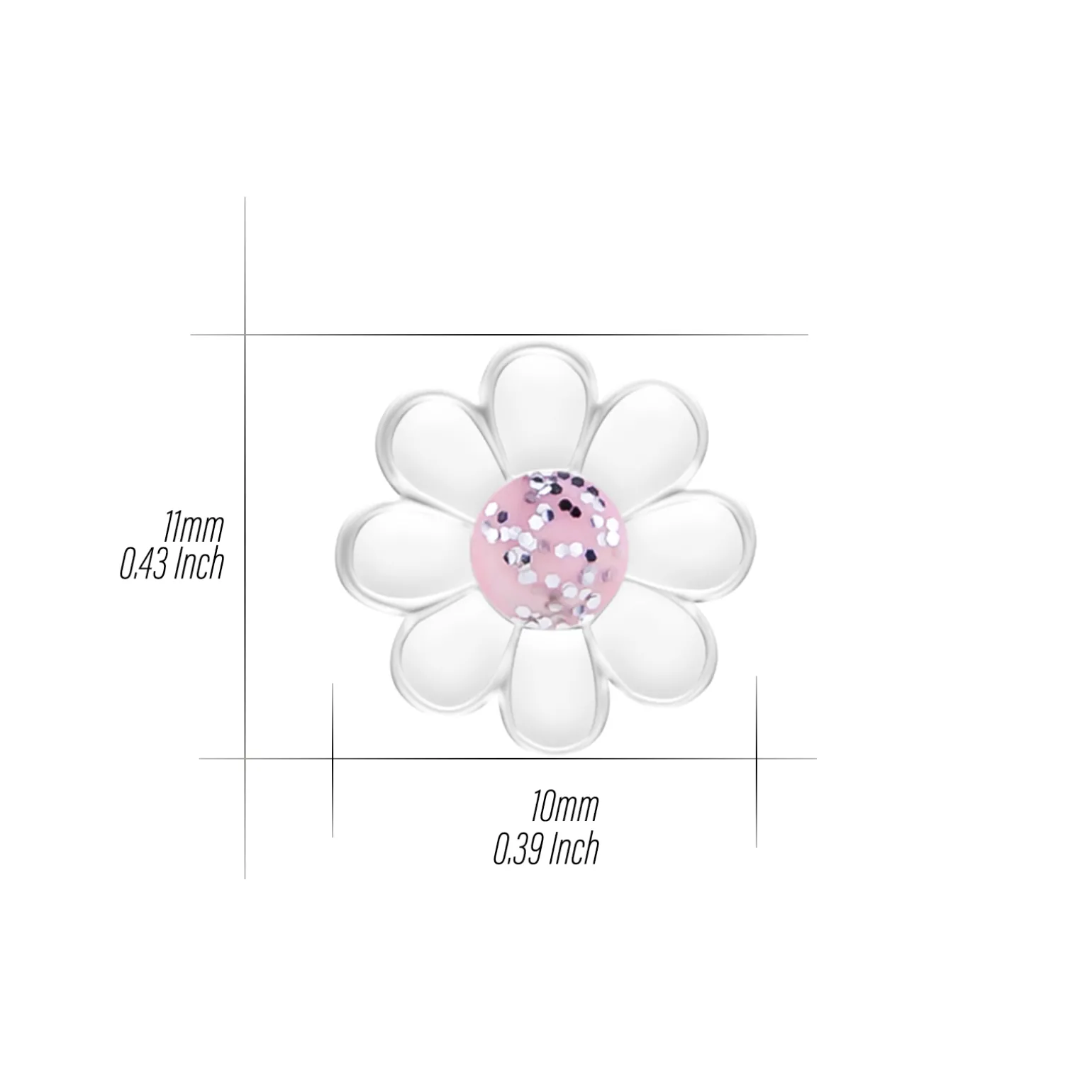 Zilveren ketting, madeliefje met roze hart met glitter