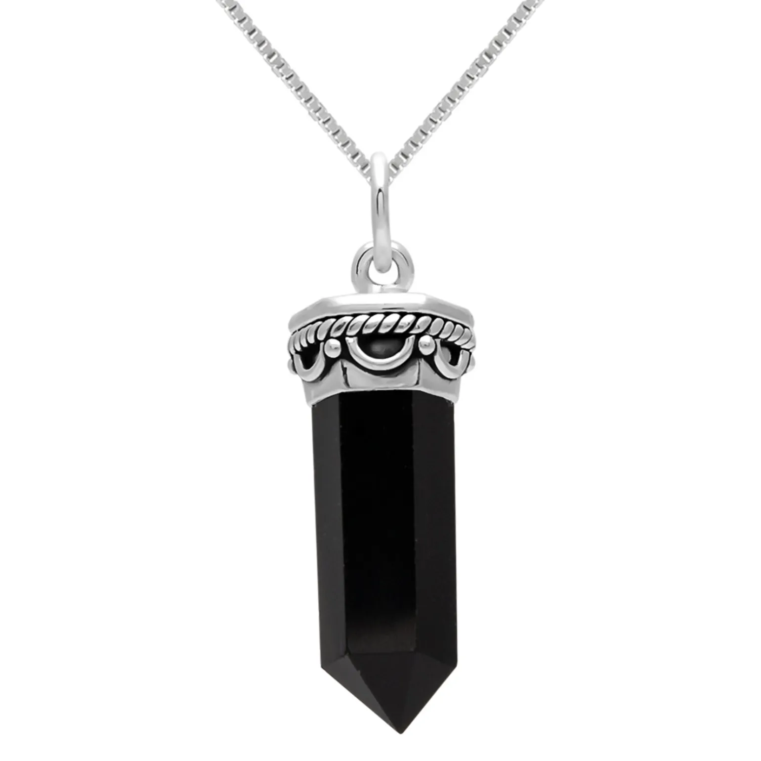 Zilveren ketting met hanger, puntige onyx steen met rijk bewerkte rand