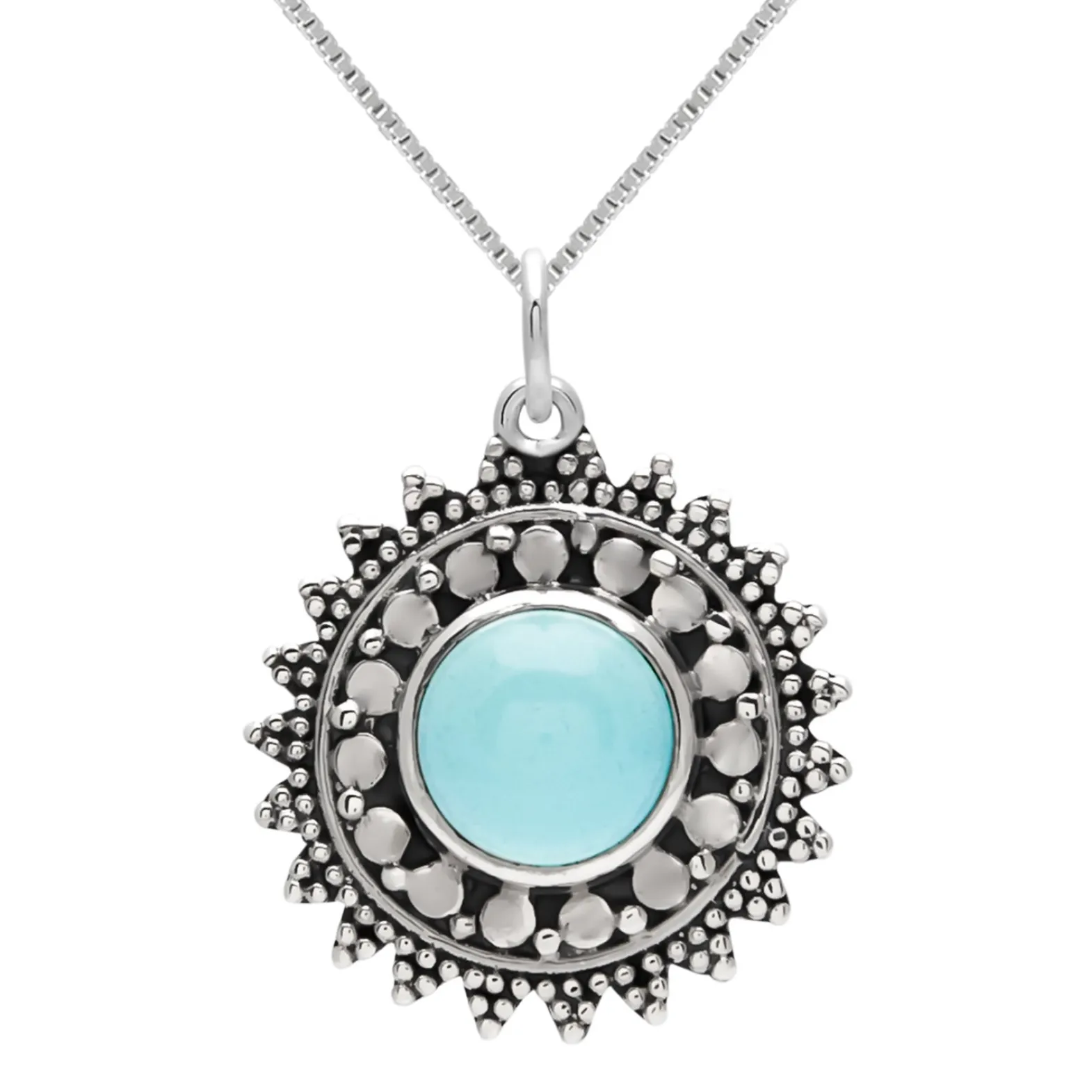 Zilveren ketting met hanger, zon met turquoise steen en rijk bewerkte rand