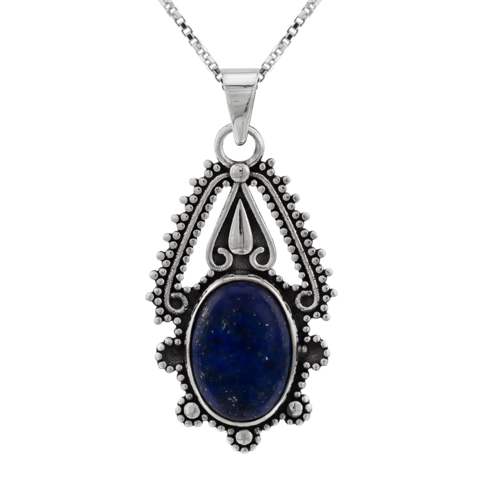 Zilveren ketting met hanger, ovale lapis steen met sierlijke rand van bolletjes