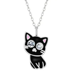 Zilveren ketting met hanger, zwart katje met kristalogen