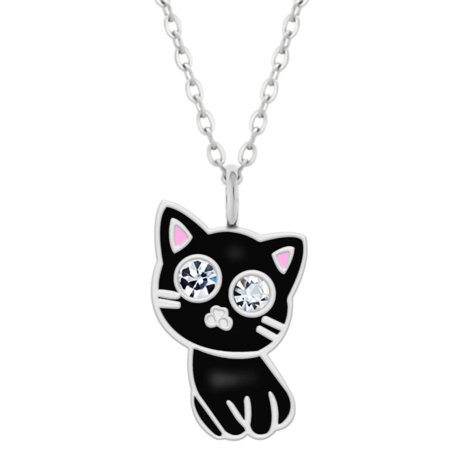 Zilveren ketting met hanger, zwart katje met kristalogen