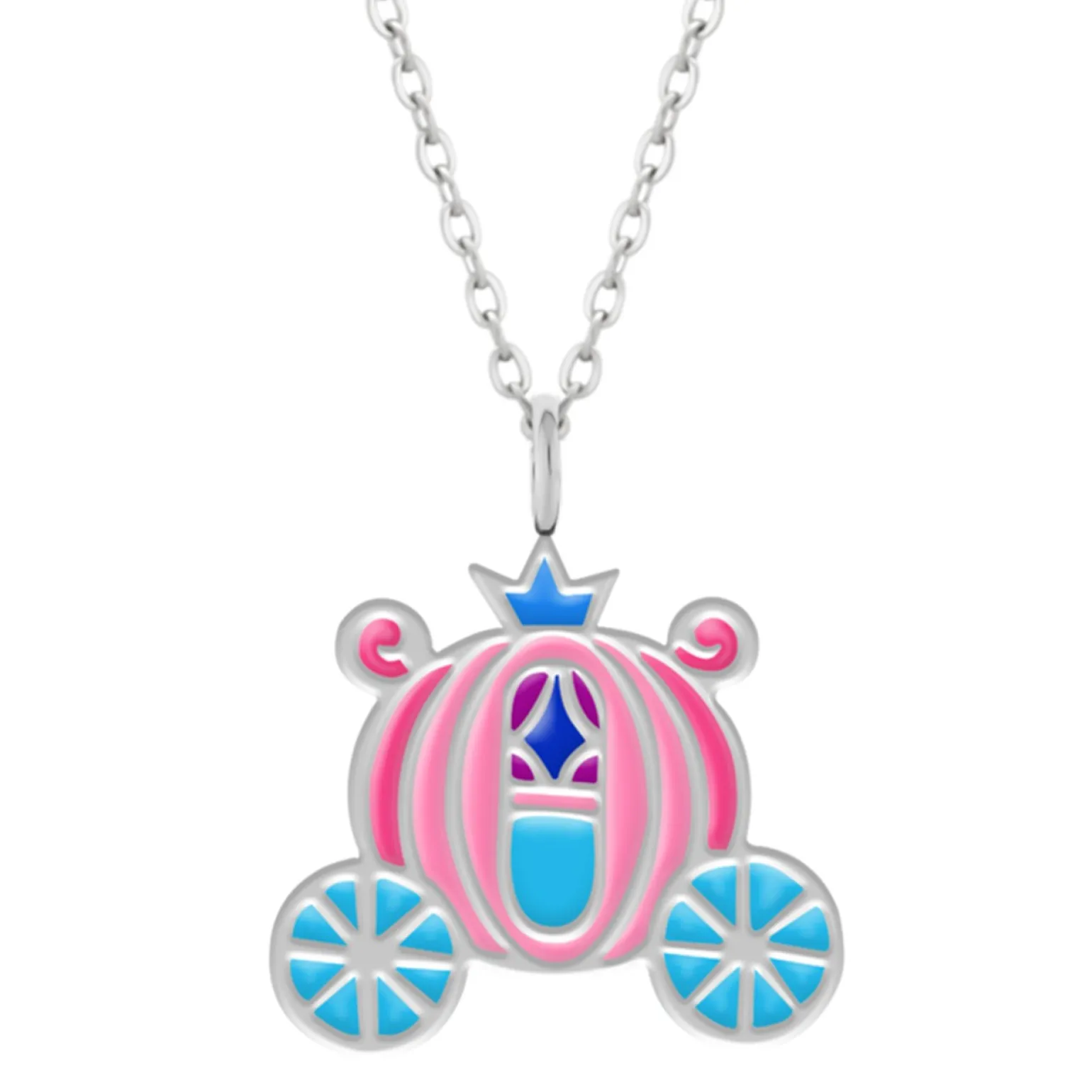 Zilveren ketting met hanger, roze koets met blauw kroontje