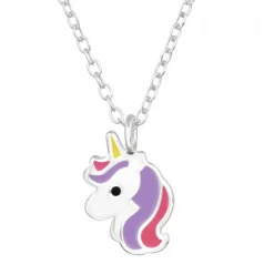 Zilveren ketting met hanger, unicorn hoofd met paarse en roze manen