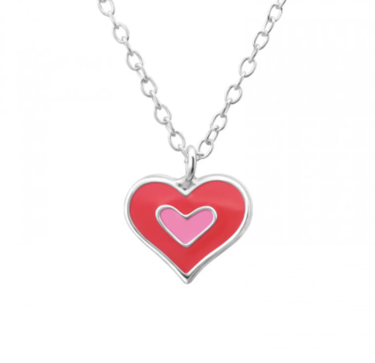 Zilveren ketting met hanger, dubbel hart met roze en donkerroze
