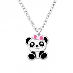 Zilveren ketting met hanger, panda met roze strik