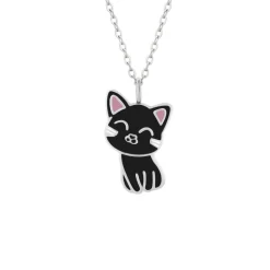 Zilveren ketting met hanger, zwart katje
