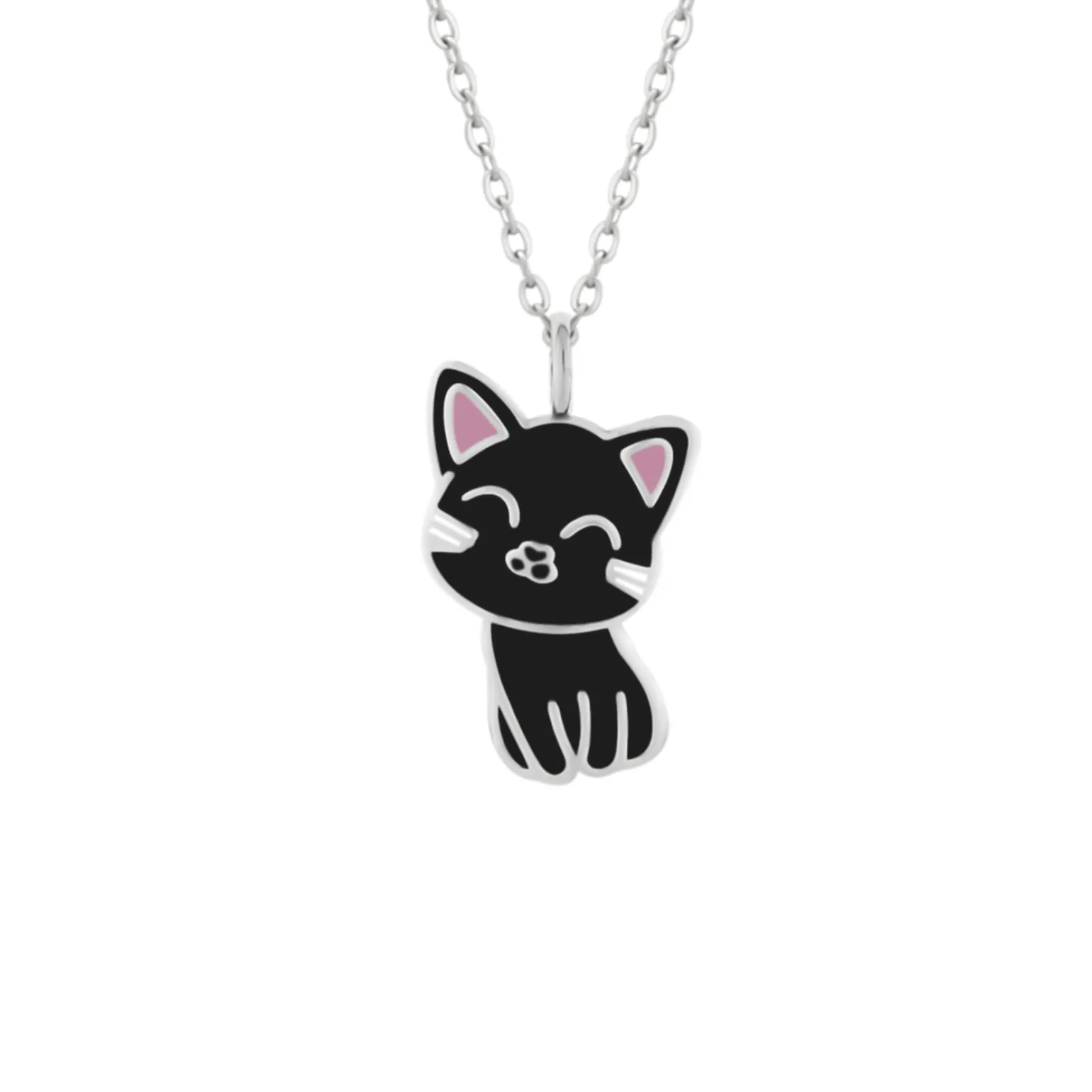 Zilveren ketting met hanger, zwart katje