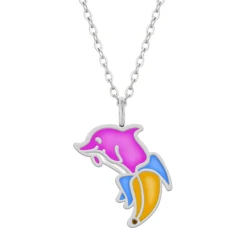 Zilveren ketting met hanger, roze dolfijn in bananenkostuum
